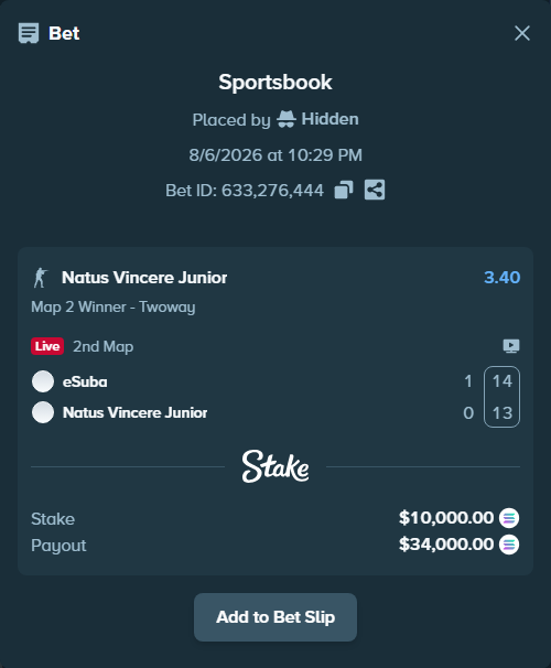 Bet slip: eSuba - Natus Vincere Junior, $9,919.46 stake at 3.40 odds, placed by Hidden