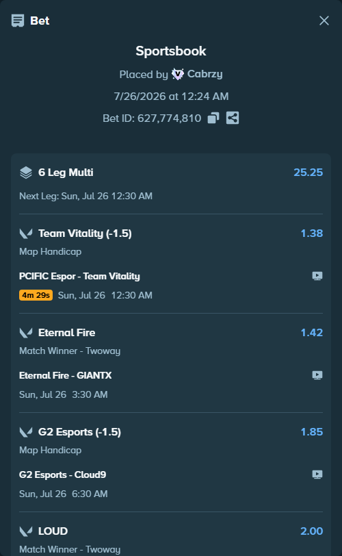 Bet slip: Eternal Fire - GIANTX, $20,000.00 stake at 1.42 odds, placed by Cabrzy