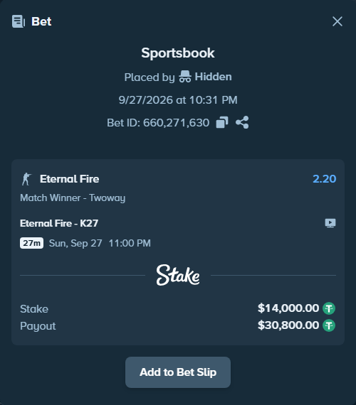 Bet slip: Eternal Fire - K27, $14,000.00 stake at 2.20 odds, placed by mi6a1