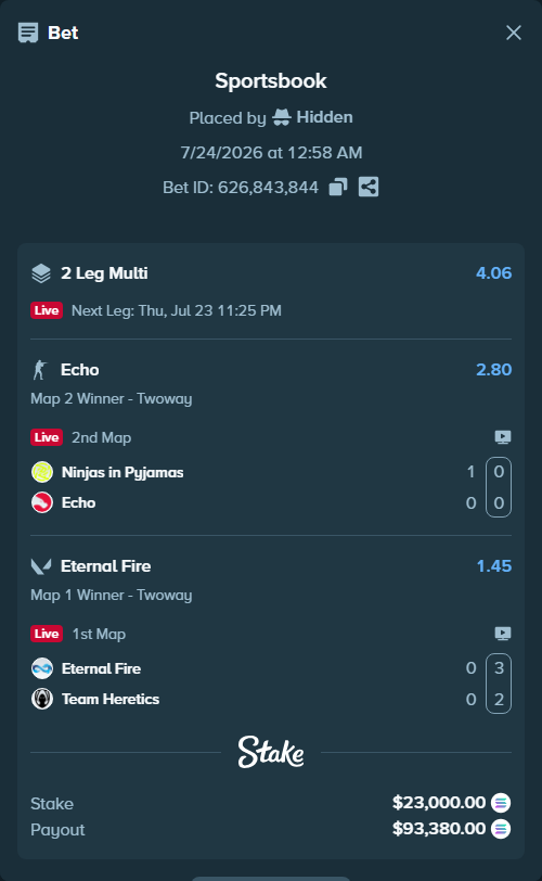 Bet slip: Eternal Fire - Team Heretics, $21,979.04 stake at 1.45 odds, placed by Hidden