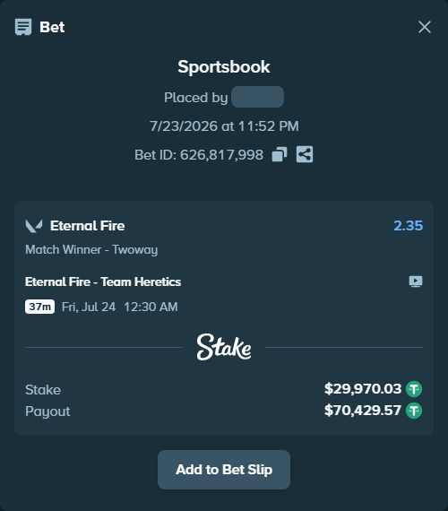 Bet slip: Eternal Fire - Team Heretics, $30,000.00 stake at 2.35 odds, placed by mi6a1