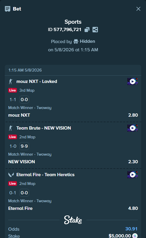 Bet slip: Eternal Fire - Team Heretics, $4,179.61 stake at 4.80 odds, placed by Hidden