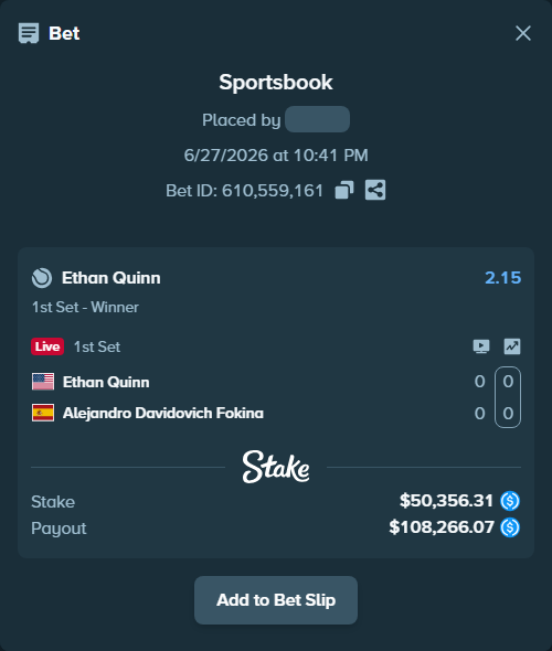 Bet slip: Ethan Quinn - Alejandro Davidovich Fokina, $50,356.31 stake at 2.15 odds, placed by piropiro12