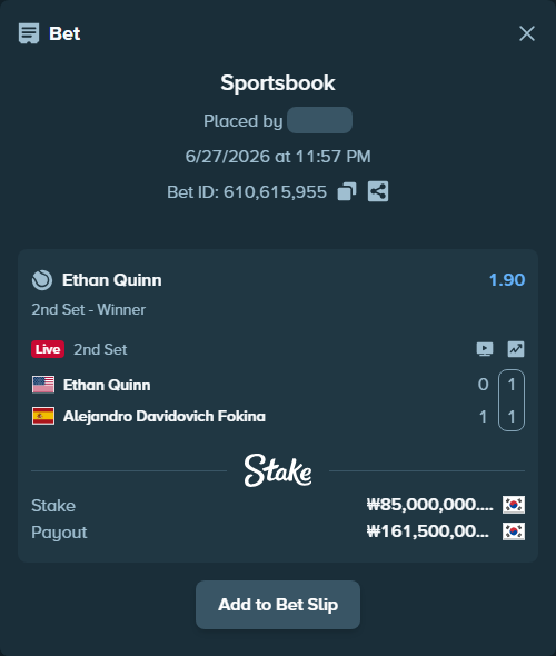 Bet slip: Ethan Quinn - Alejandro Davidovich Fokina, $63,750.00 stake at 1.90 odds, placed by piropiro12
