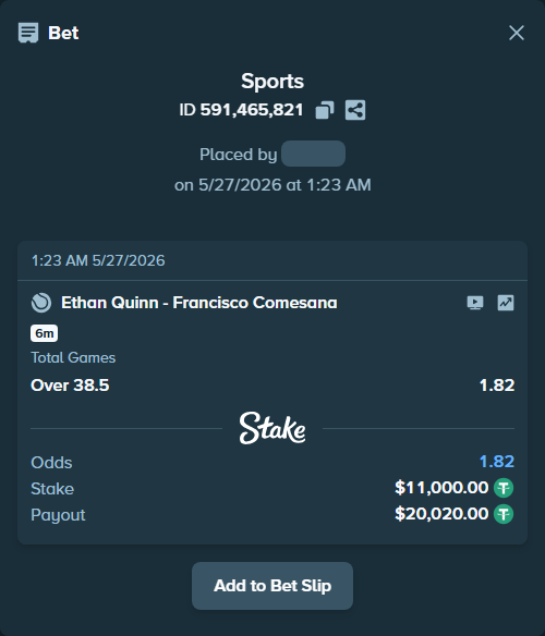 Bet slip: Ethan Quinn - Francisco Comesana, $11,011.00 stake at 1.82 odds, placed by TheTutt21