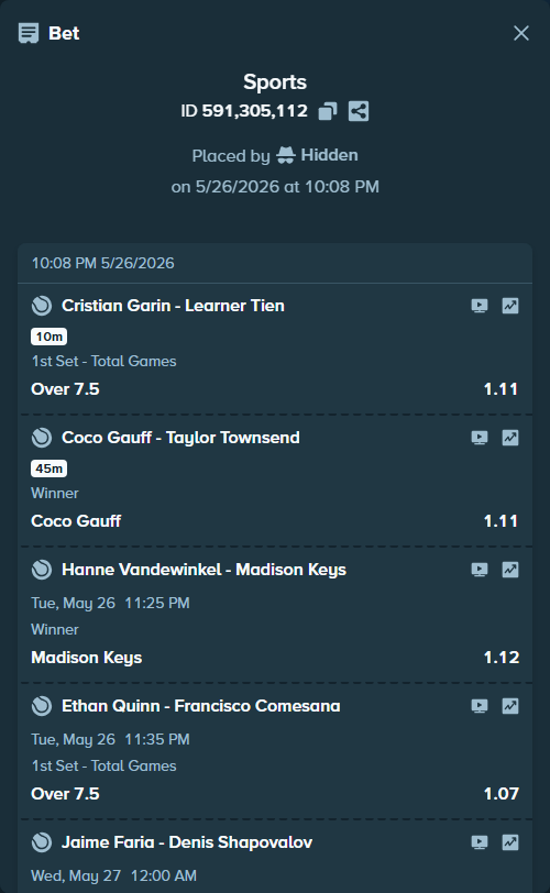 Bet slip: Ethan Quinn - Francisco Comesana, $119,995.03 stake at 1.07 odds, placed by Hidden