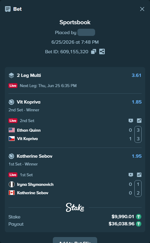 Bet slip: Ethan Quinn - Vit Kopriva, $10,000.00 stake at 1.85 odds, placed by WinTr10