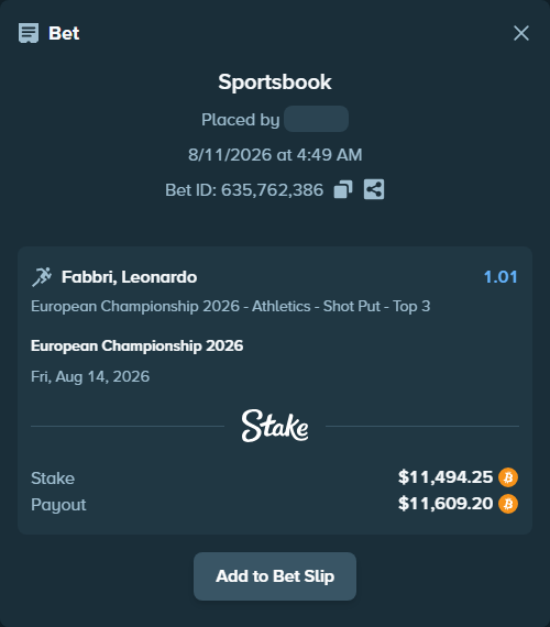 Bet slip: European Championship 2026, $14,085.36 stake at 1.01 odds, placed by megah29