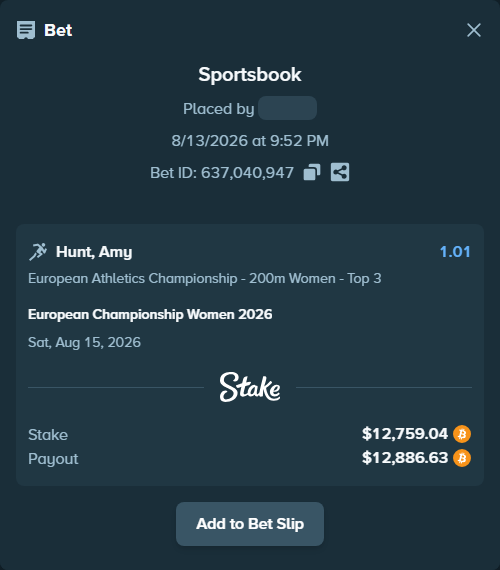 Bet slip: European Championship Women 2026, $15,745.08 stake at 1.01 odds, placed by megah29