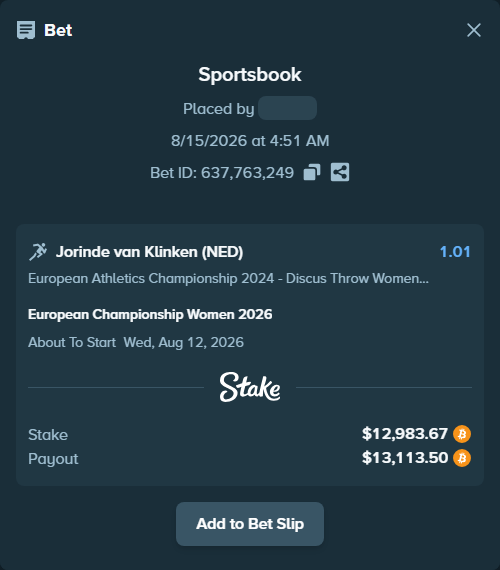 Bet slip: European Championship Women 2026, $13,035.95 stake at 1.01 odds, placed by megah29