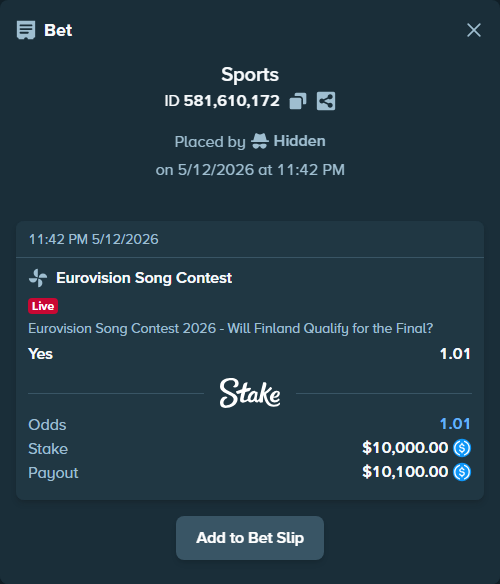 Bet slip: Eurovision Song Contest, $10,000.00 stake at 1.01 odds, placed by Hidden