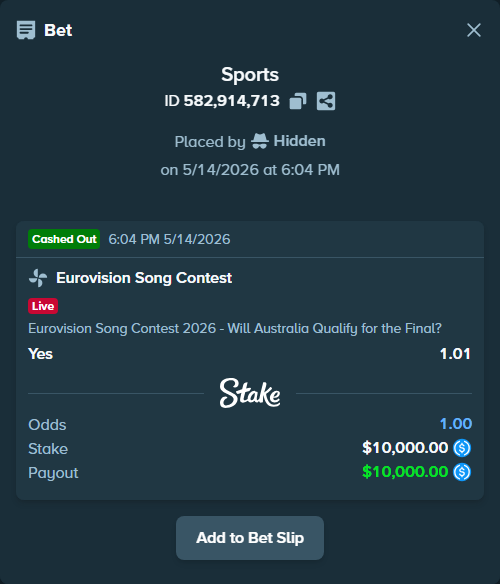 Bet slip: Eurovision Song Contest, $10,000.00 stake at 1.01 odds, placed by Hidden
