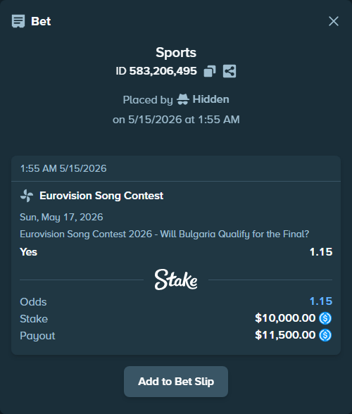 Bet slip: Eurovision Song Contest, $10,000.00 stake at 1.15 odds, placed by Hidden