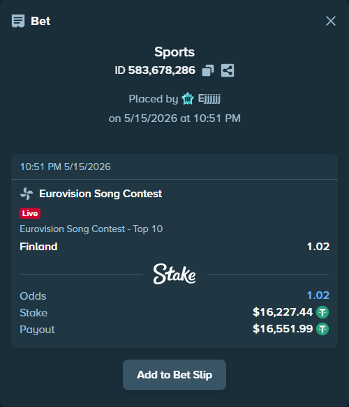 Bet slip: Eurovision Song Contest, $16,227.44 stake at 1.02 odds, placed by Ejjjjjj