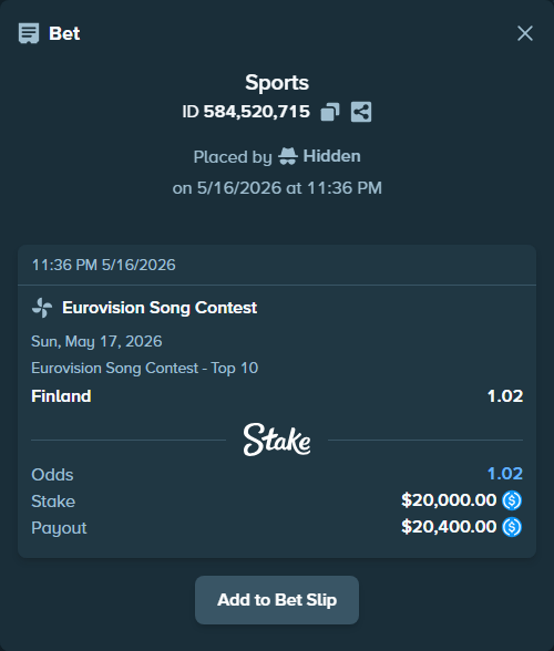 Bet slip: Eurovision Song Contest, $20,000.00 stake at 1.02 odds, placed by Hidden