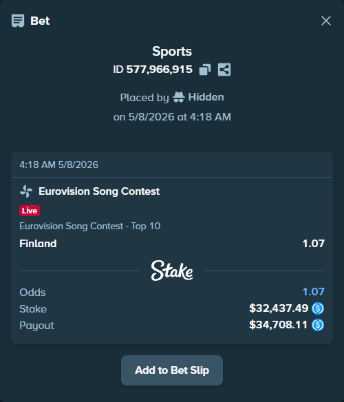 Bet slip: Eurovision Song Contest, $32,437.49 stake at 1.07 odds, placed by Hidden