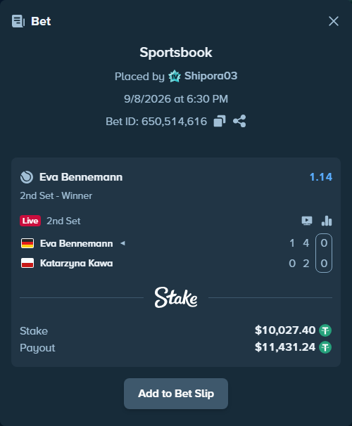Bet slip: Eva Bennemann - Katarzyna Kawa, $10,027.40 stake at 1.14 odds, placed by Shipora03