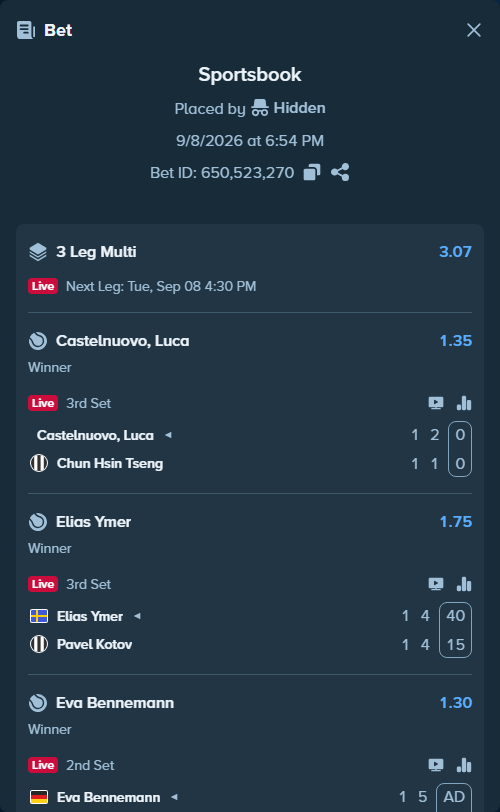 Bet slip: Eva Bennemann - Katarzyna Kawa, $30,000.00 stake at 1.30 odds, placed by Hidden