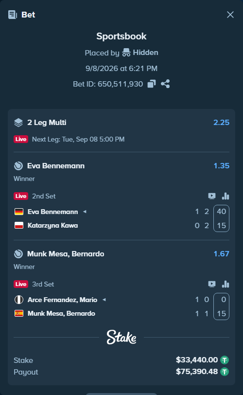 Bet slip: Eva Bennemann - Katarzyna Kawa, $33,440.00 stake at 1.35 odds, placed by Hidden