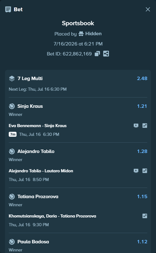 Bet slip: Eva Bennemann - Sinja Kraus, $125,125.00 stake at 1.21 odds, placed by Hidden