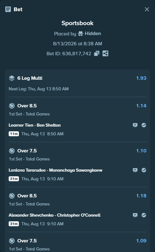 Bet slip: Eva Lys - Anna Blinkova, $75,075.00 stake at 1.11 odds, placed by Hidden