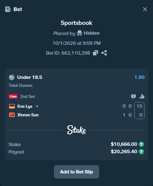 Bet slip: Eva Lys - Xinran Sun, $10,666.00 stake at 1.90 odds, placed by Hidden