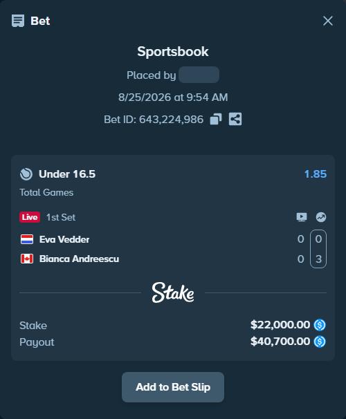 Bet slip: Eva Vedder - Bianca Andreescu, $22,000.00 stake at 1.85 odds, placed by privetmedvet15