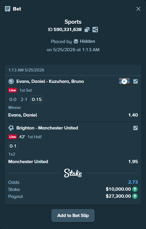 Bet slip: Evans, Daniel - Kuzuhara, Bruno, $10,000.00 stake at 1.40 odds, placed by Hidden