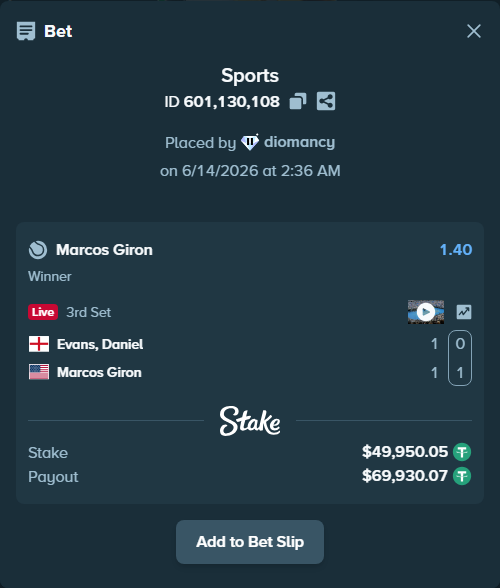 Bet slip: Evans, Daniel - Marcos Giron, $50,000.00 stake at 1.40 odds, placed by diomancy