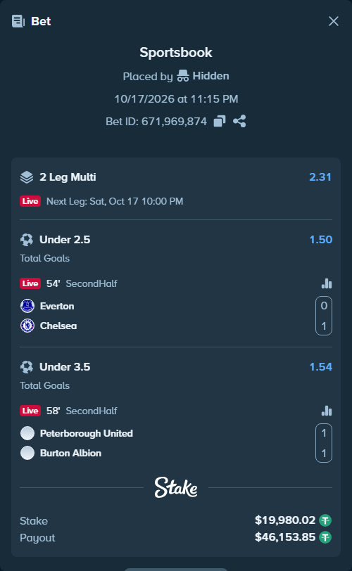 Bet slip: Everton - Chelsea, $20,000.00 stake at 1.50 odds, placed by Prof200