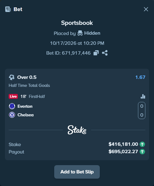 Bet slip: Everton - Chelsea, $416,597.18 stake at 1.67 odds, placed by Hidden