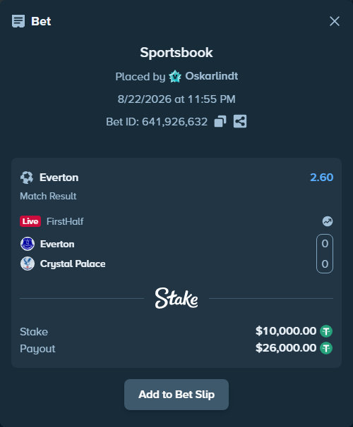 Bet slip: Everton - Crystal Palace, $10,000.00 stake at 2.60 odds, placed by Oskarlindt