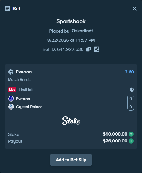 Bet slip: Everton - Crystal Palace, $10,000.00 stake at 2.60 odds, placed by Oskarlindt