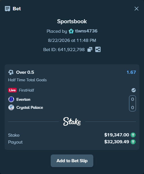 Bet slip: Everton - Crystal Palace, $19,347.00 stake at 1.67 odds, placed by tlwns4736