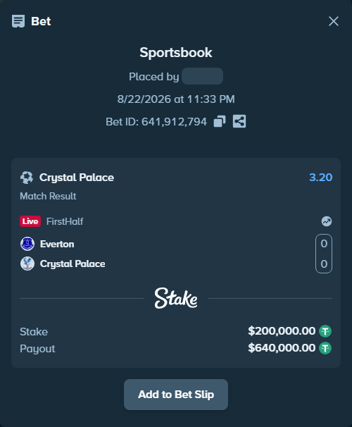 Bet slip: Everton - Crystal Palace, $200,000.00 stake at 3.20 odds, placed by partizanti22
