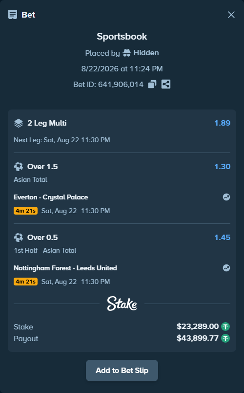Bet slip: Everton - Crystal Palace, $23,289.00 stake at 1.30 odds, placed by Hidden