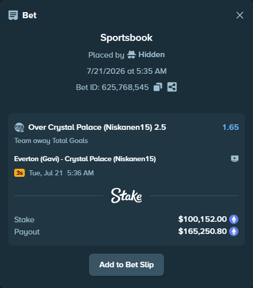Bet slip: Everton (Gavi) - Crystal Palace (Niskanen15), $100,489.84 stake at 1.65 odds, placed by Hidden