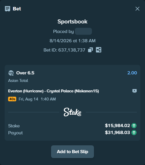 Bet slip: Everton (Hurricane) - Crystal Palace (Niskanen15), $16,000.00 stake at 2.00 odds, placed by Pobedaone555