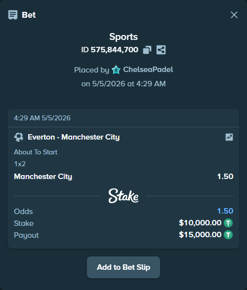 Bet slip: Everton - Manchester City, $10,000.00 stake at 1.50 odds, placed by ChelseaPadel