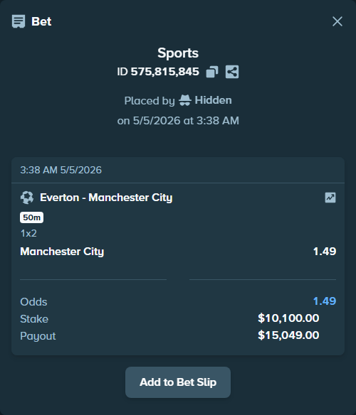 Bet slip: Everton - Manchester City, $10,100.00 stake at 1.49 odds, placed by izzycanosa