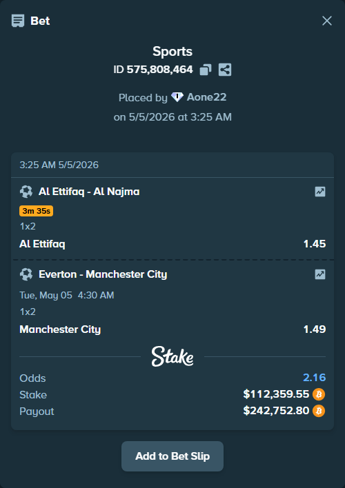 Bet slip: Everton - Manchester City, $89,994.80 stake at 1.49 odds, placed by Aone22