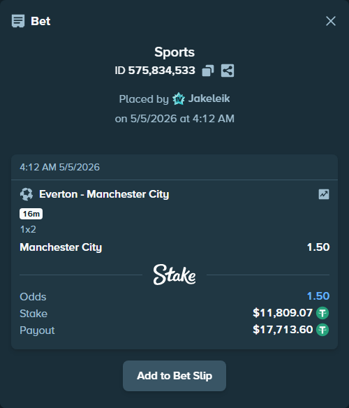 Bet slip: Everton - Manchester City, $11,809.07 stake at 1.50 odds, placed by Jakeleik