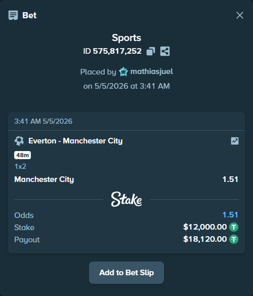 Bet slip: Everton - Manchester City, $12,000.00 stake at 1.51 odds, placed by mathiasjuel