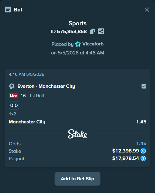 Bet slip: Everton - Manchester City, $12,398.99 stake at 1.45 odds, placed by Vicceforb