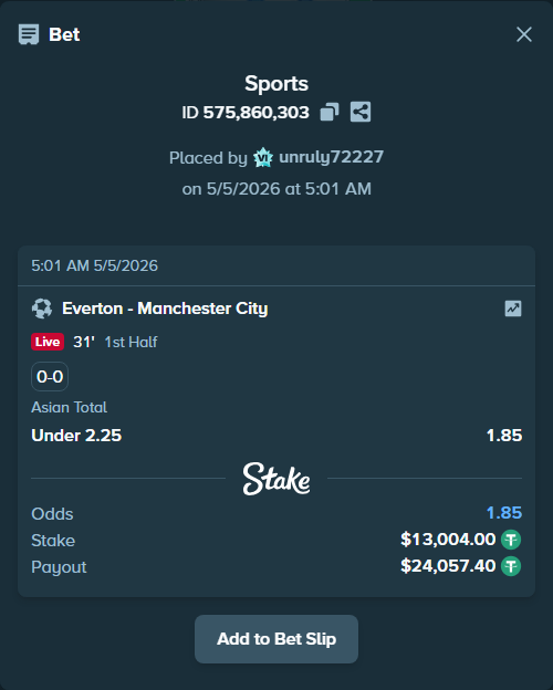 Bet slip: Everton - Manchester City, $13,004.00 stake at 1.85 odds, placed by unruly72227