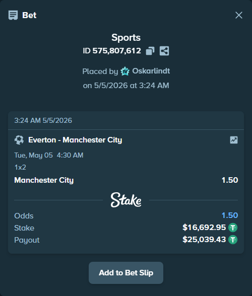 Bet slip: Everton - Manchester City, $16,692.95 stake at 1.50 odds, placed by Oskarlindt