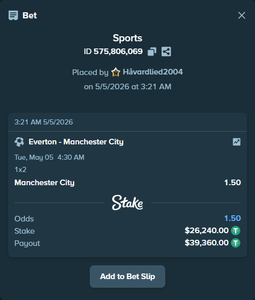 Bet slip: Everton - Manchester City, $26,240.00 stake at 1.50 odds, placed by Håvardlied2004