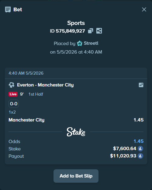 Bet slip: Everton - Manchester City, $6,291.15 stake at 1.45 odds, placed by Streetl