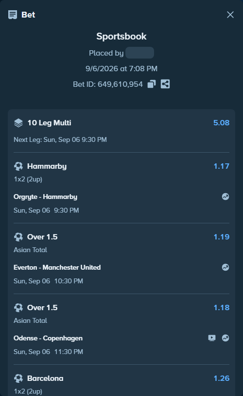 Bet slip: Everton - Manchester United, $10,000.00 stake at 1.19 odds, placed by LATERAL007