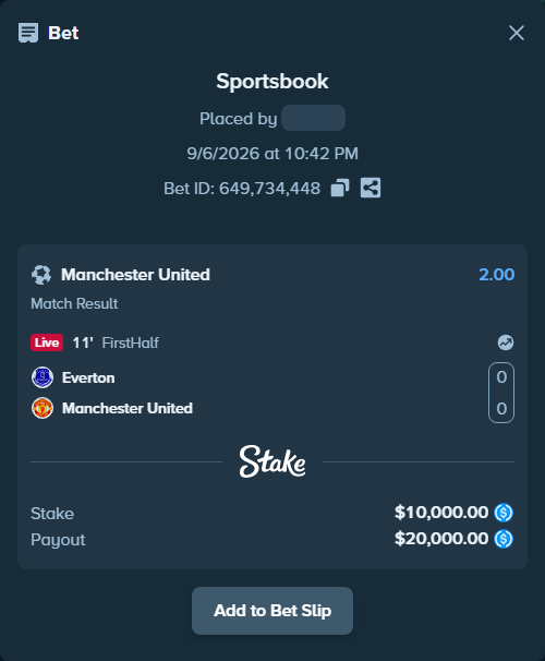 Bet slip: Everton - Manchester United, $10,000.00 stake at 2.00 odds, placed by Extraaaa21